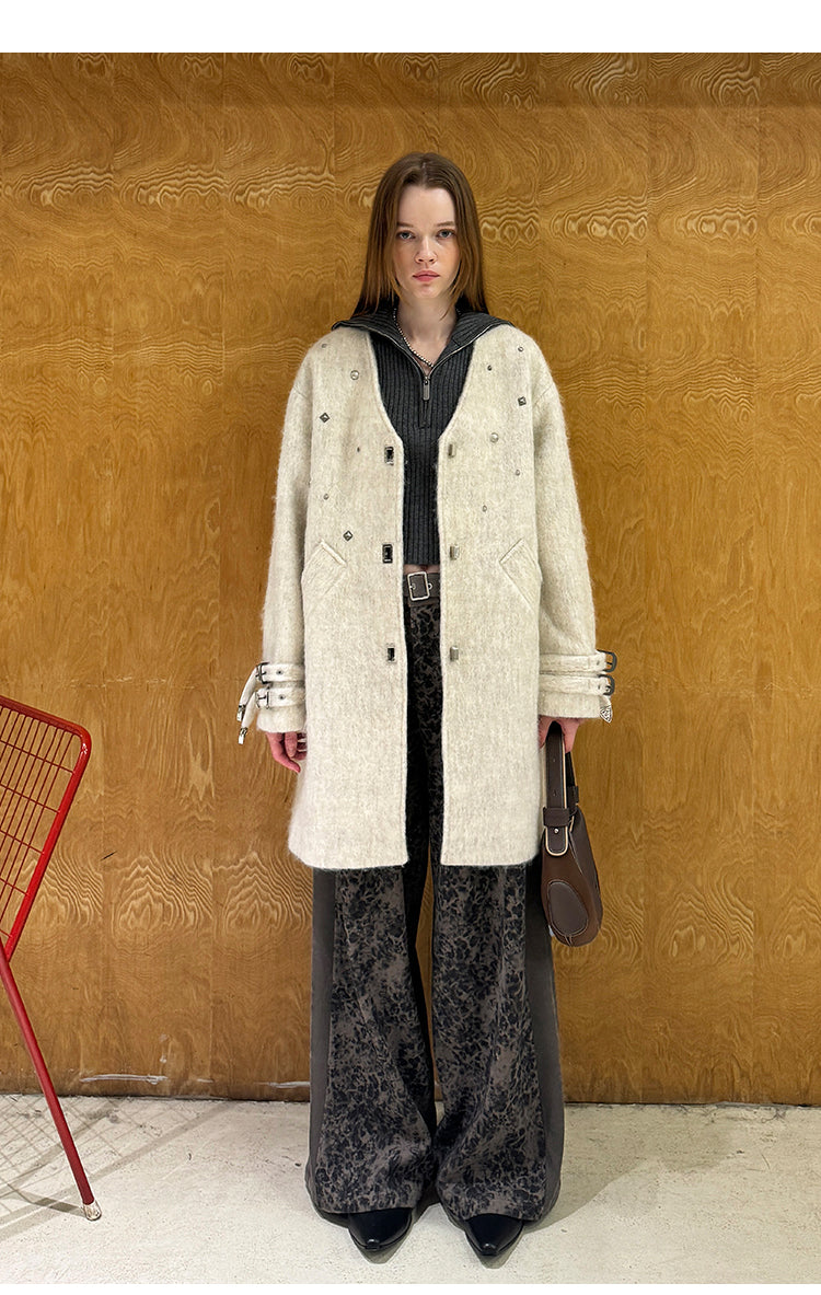 Wool Blend Studded V-Neck Coat