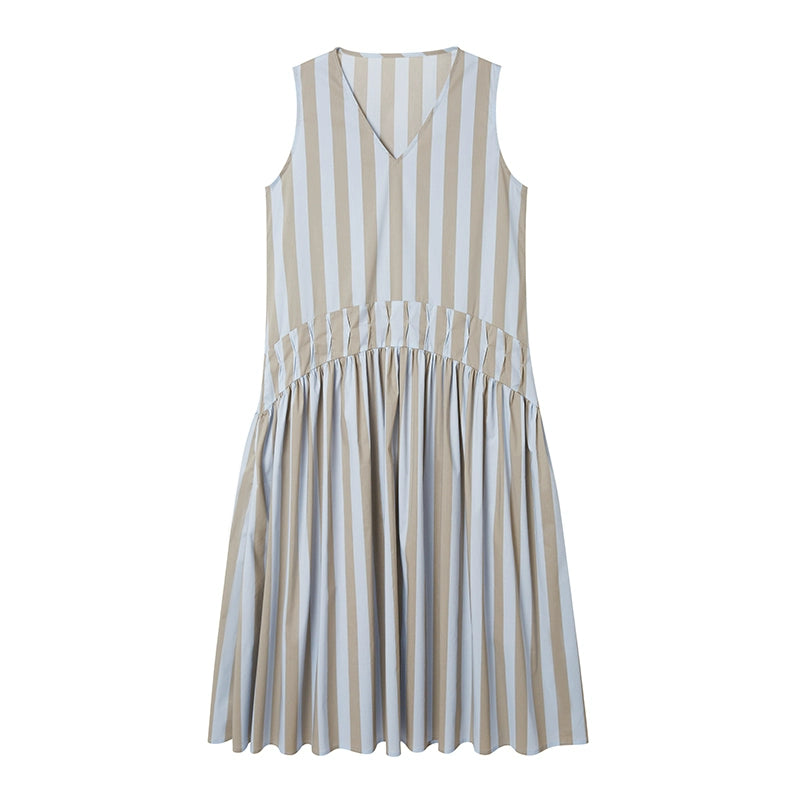 V-Neck Tucked Waist Striped Long Cotton Drapey Dress