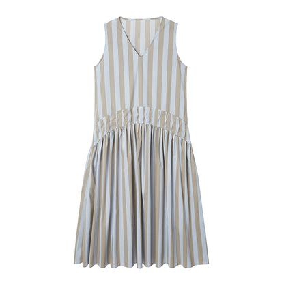 V-Neck Tucked Waist Striped Long Cotton Drapey Dress