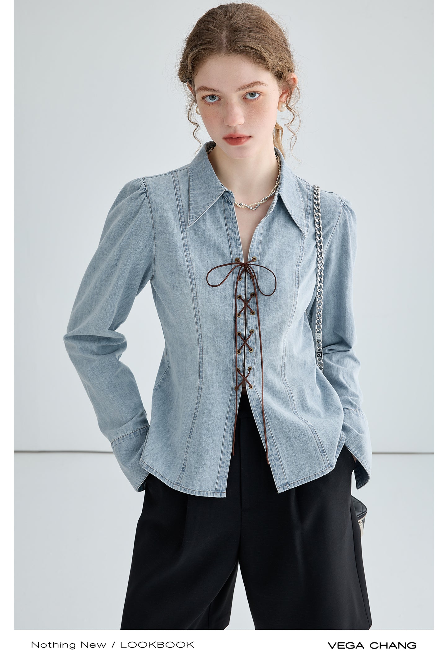 Gathered Princess Sleeve Lace-Up Denim Shirt