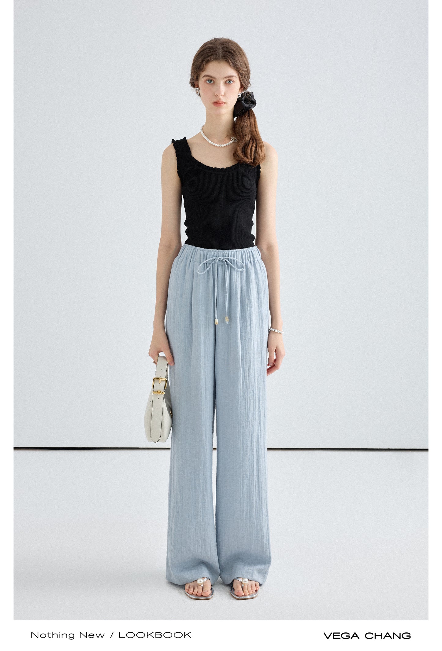 Frilled Edge Rib Tank Top and Straight Wide Pants