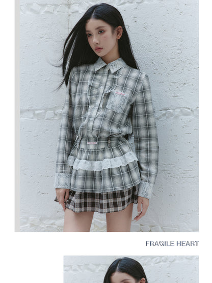 Plaid Frilled Cotton Shirt, Layered Mini Skirt