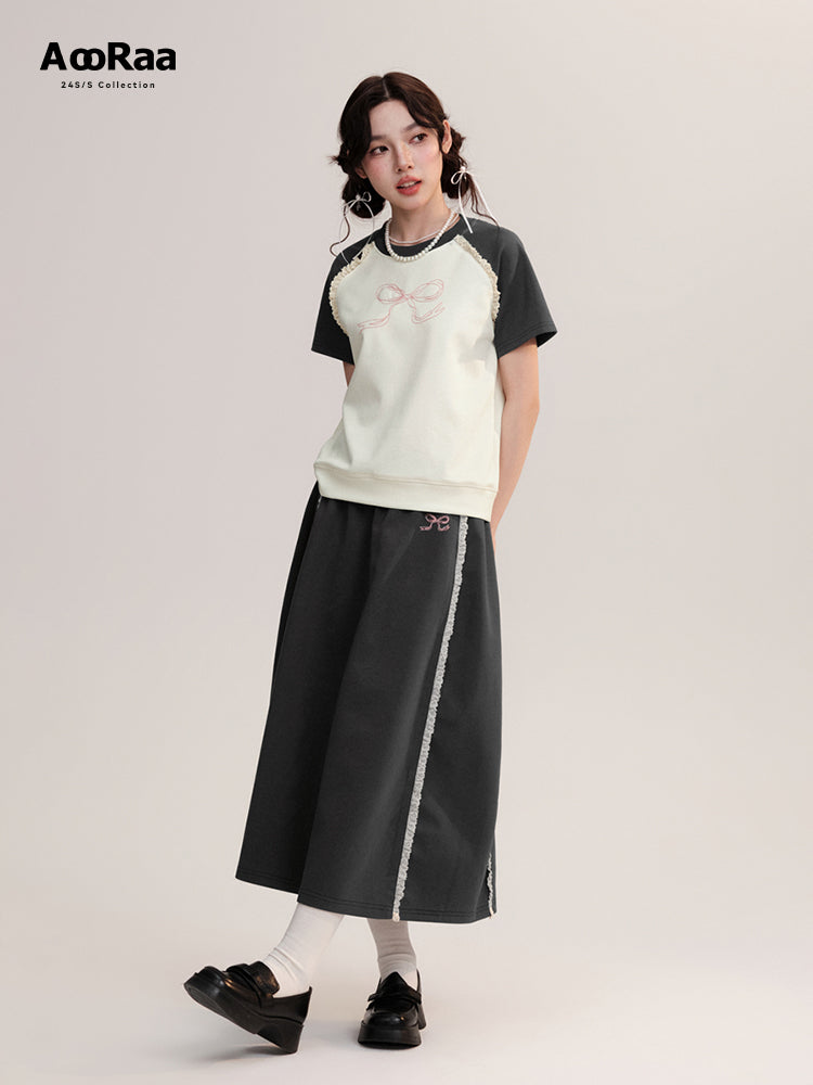 Bow Embroidery Frilled Raglan T-Shirt And Long Skirt