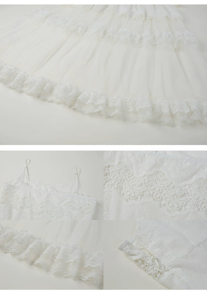 See-Through Embroidered Lace Long Tulle Organdy Dress