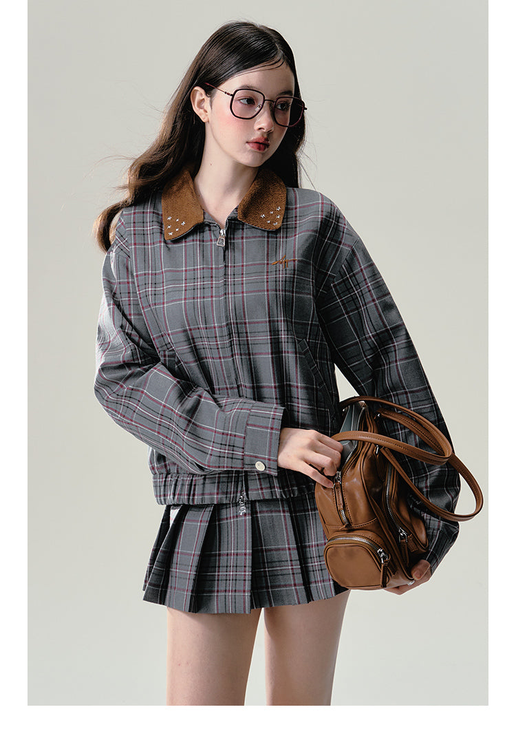 Plaid Zip-Up Jacket And Pleated Skirt Outfit