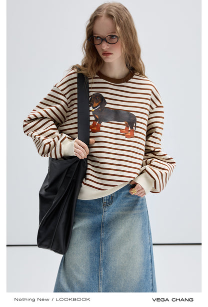 Dachshund Print Stripe Knit Sweatshirt