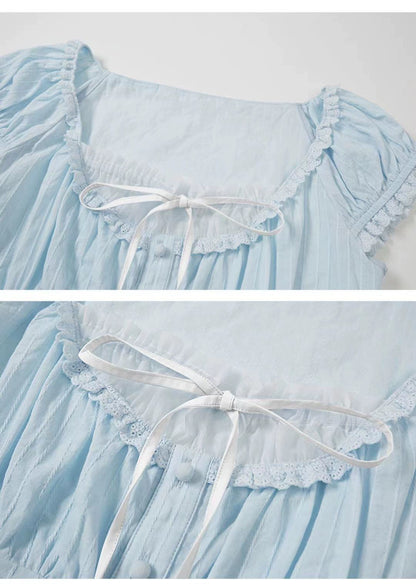 Elegant French-Style Ruched Frilled Cotton Blouse