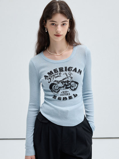 Motorbike Print Side Gather Knit Top