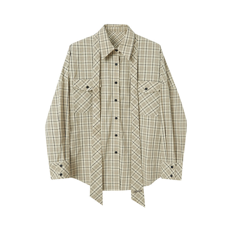 Plaid Round Hem Shirt With Removable Tie