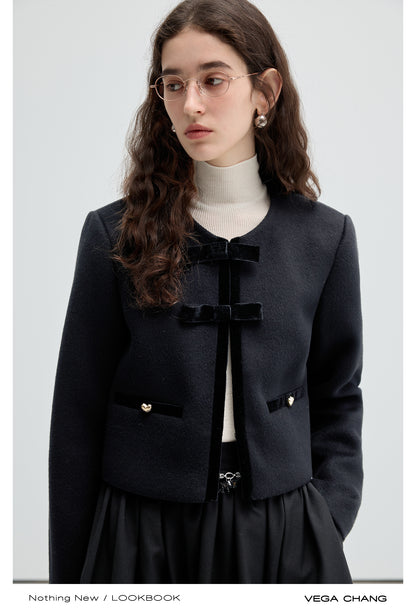 Wool Blend Short Jacket With Velvet Bow Detail