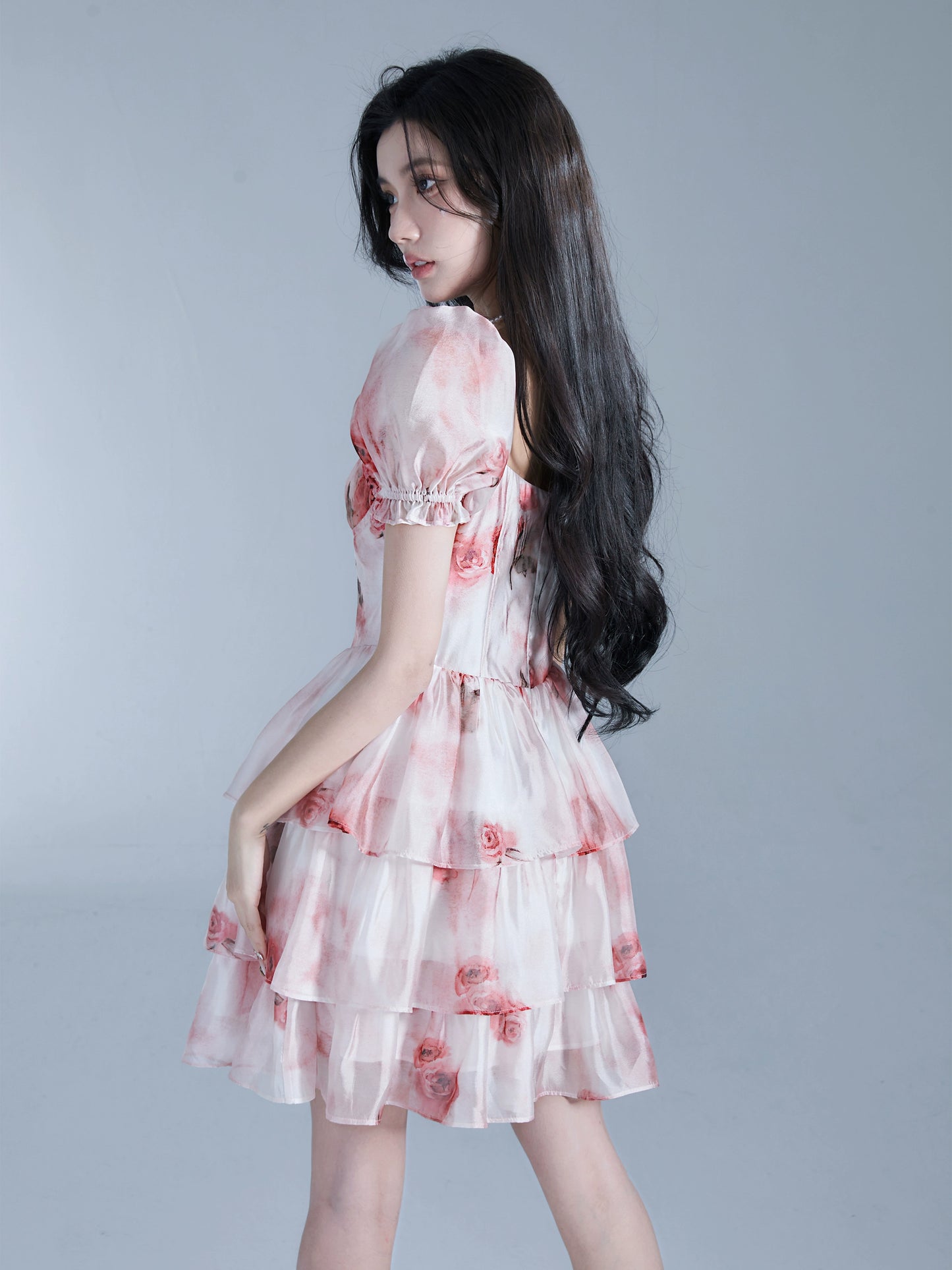 Rose Print Puff Sleeve Ruffled Glossy Chiffon Dress