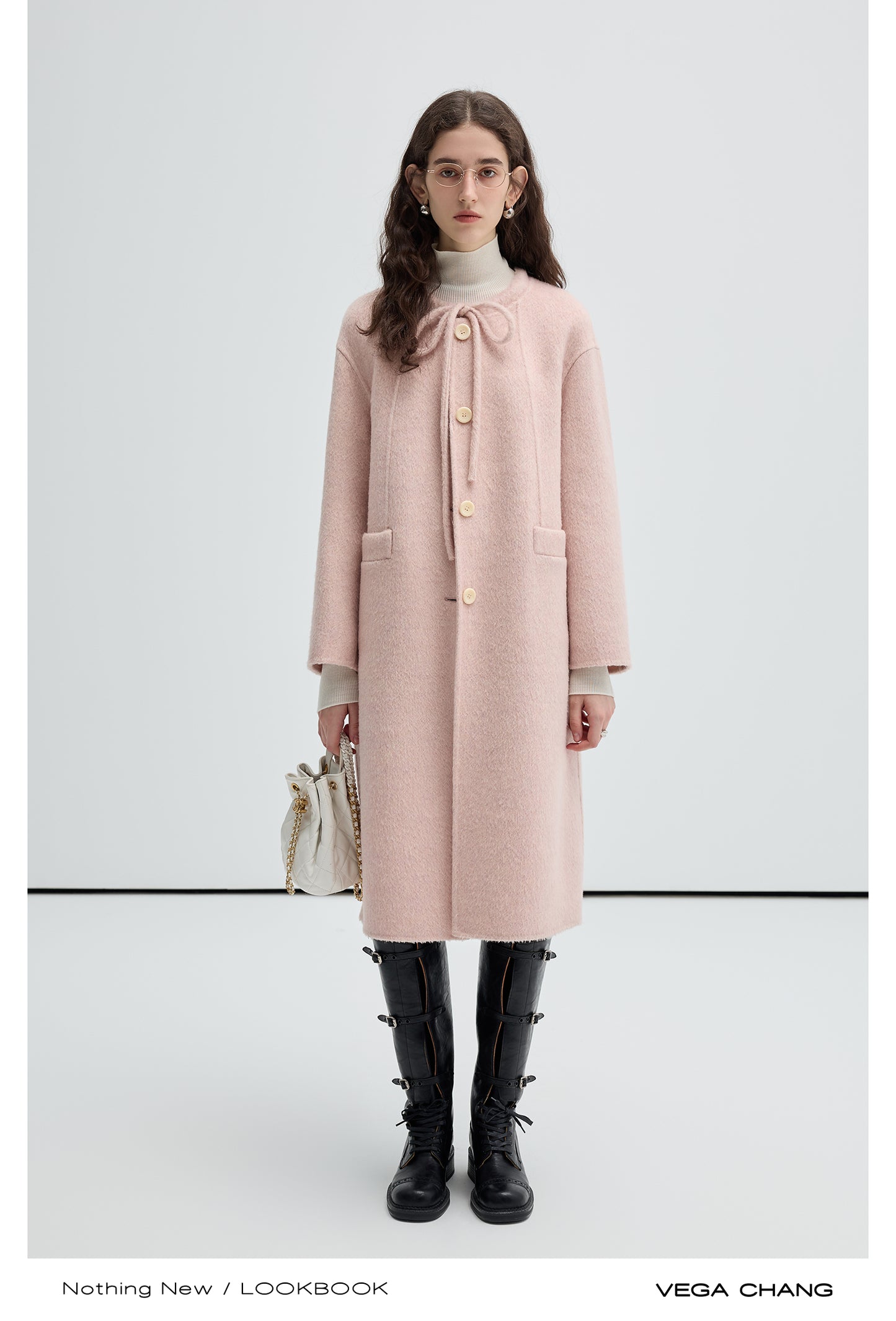 Wool-Silk Blend Collarless Tie Neck Coat