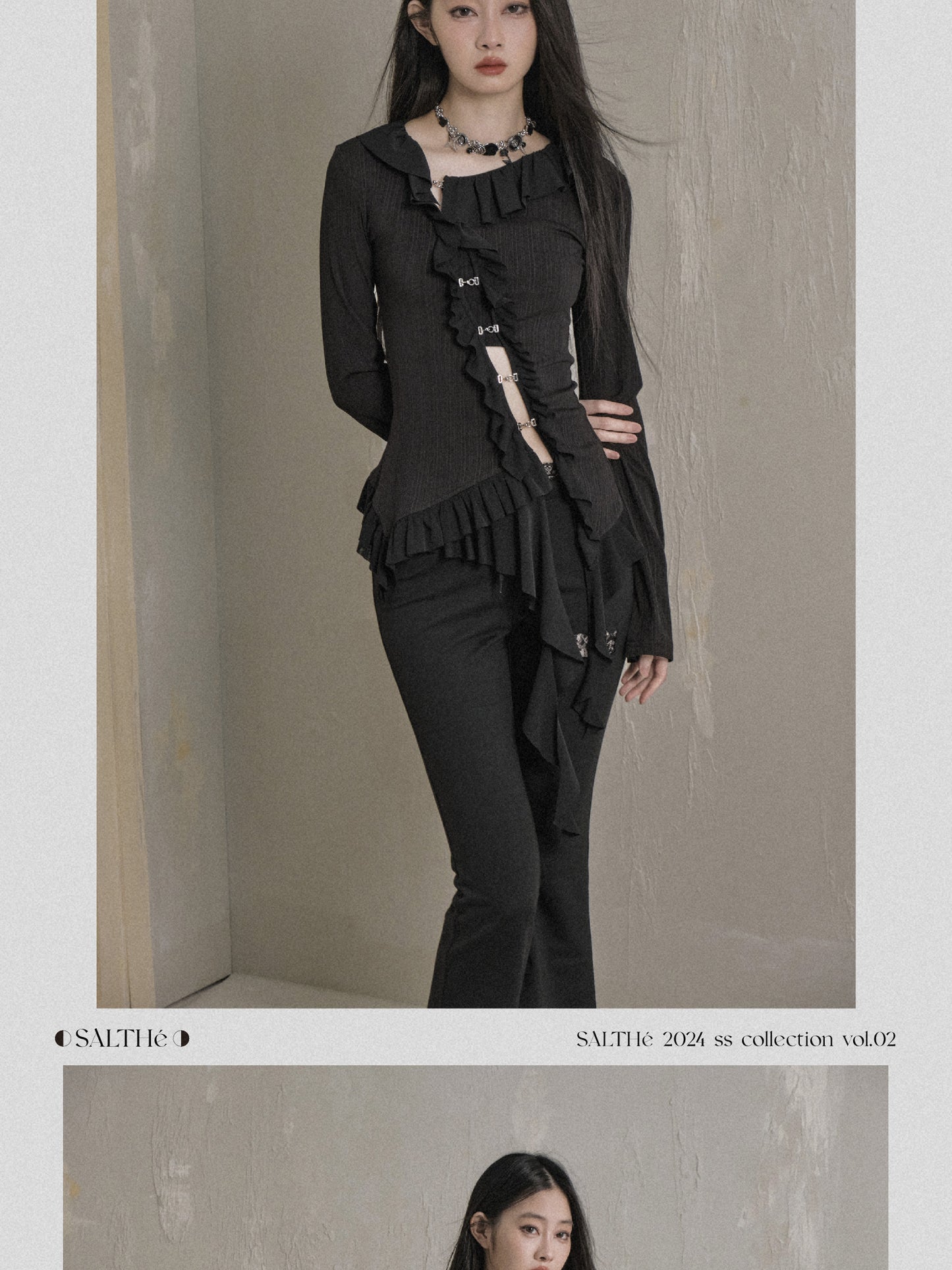 Clasp Closure Ruffled Rib Knit Long Sleeve Top