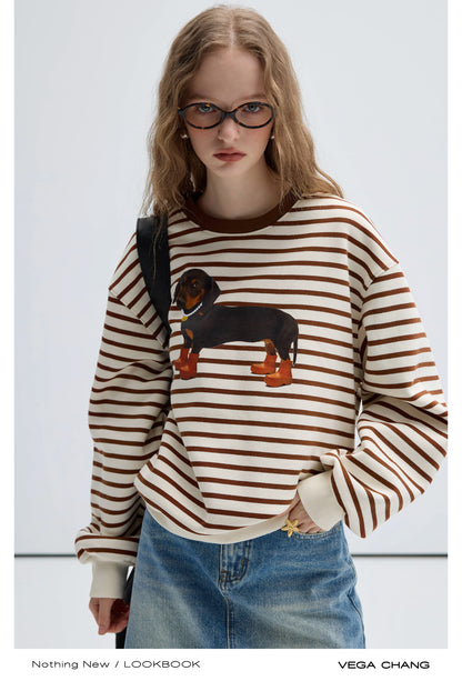 Dachshund Print Stripe Knit Sweatshirt