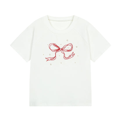 Bow Embroidery Beaded Round Neck T-Shirt