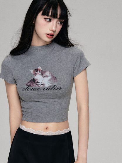 Cat Print Mock Neck Cropped Fitted T-Shirt