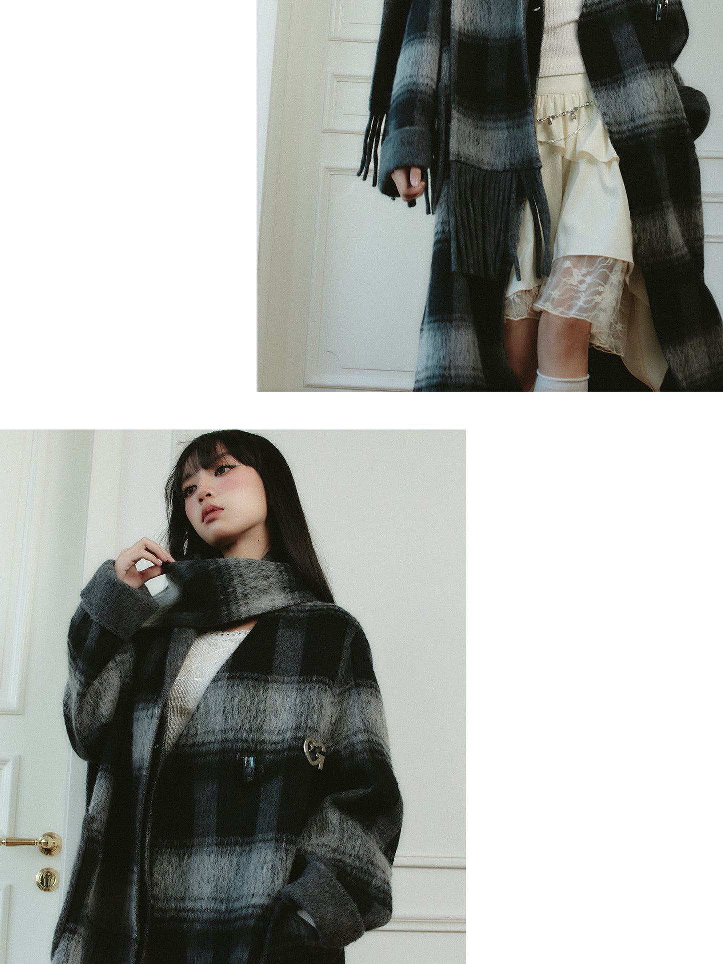 Plaid Collarless Wool Tweed Long Coat