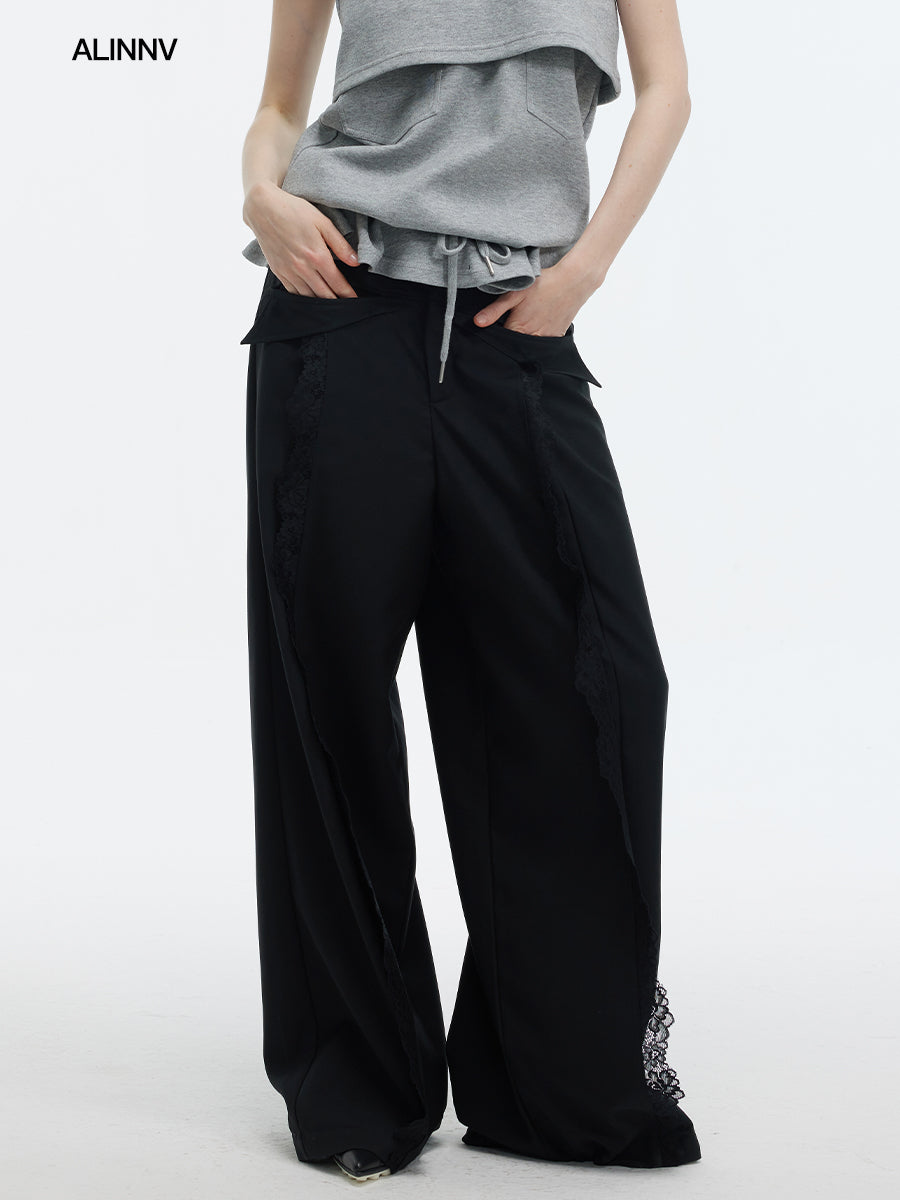 Lace Adorned Low Waist Wide Leg Trousers