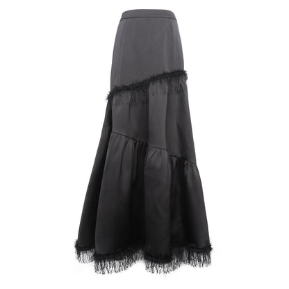 High Waist Satin Fringe Tiered Long Skirt