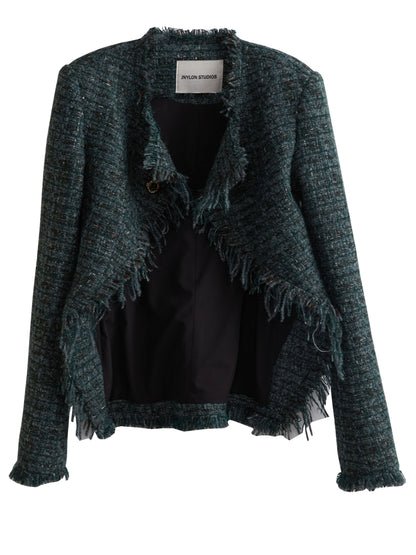 Tweed Fringed Edge Open Front Jacket