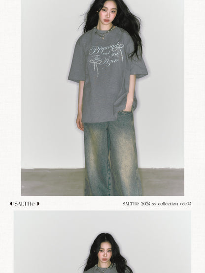 Bow Motif Oversized Letter Print T-Shirt