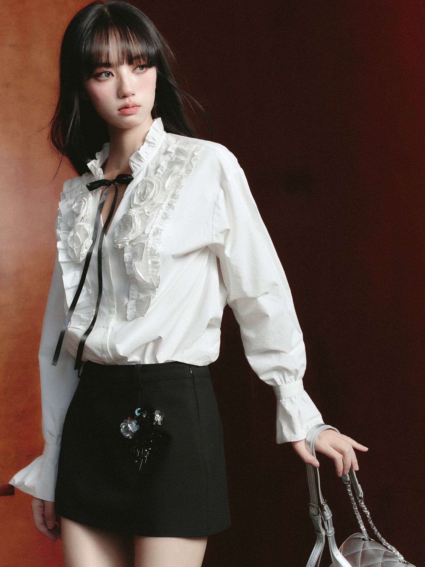 Frilled Flower Ribbon Tie Shirt, Sequin Skirt