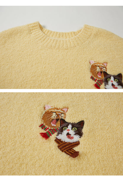 Playful Cats Embroidery Soft Sweater