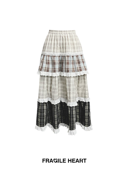 Plaid Patchwork Lace Trimmed Tiered Long Skirt