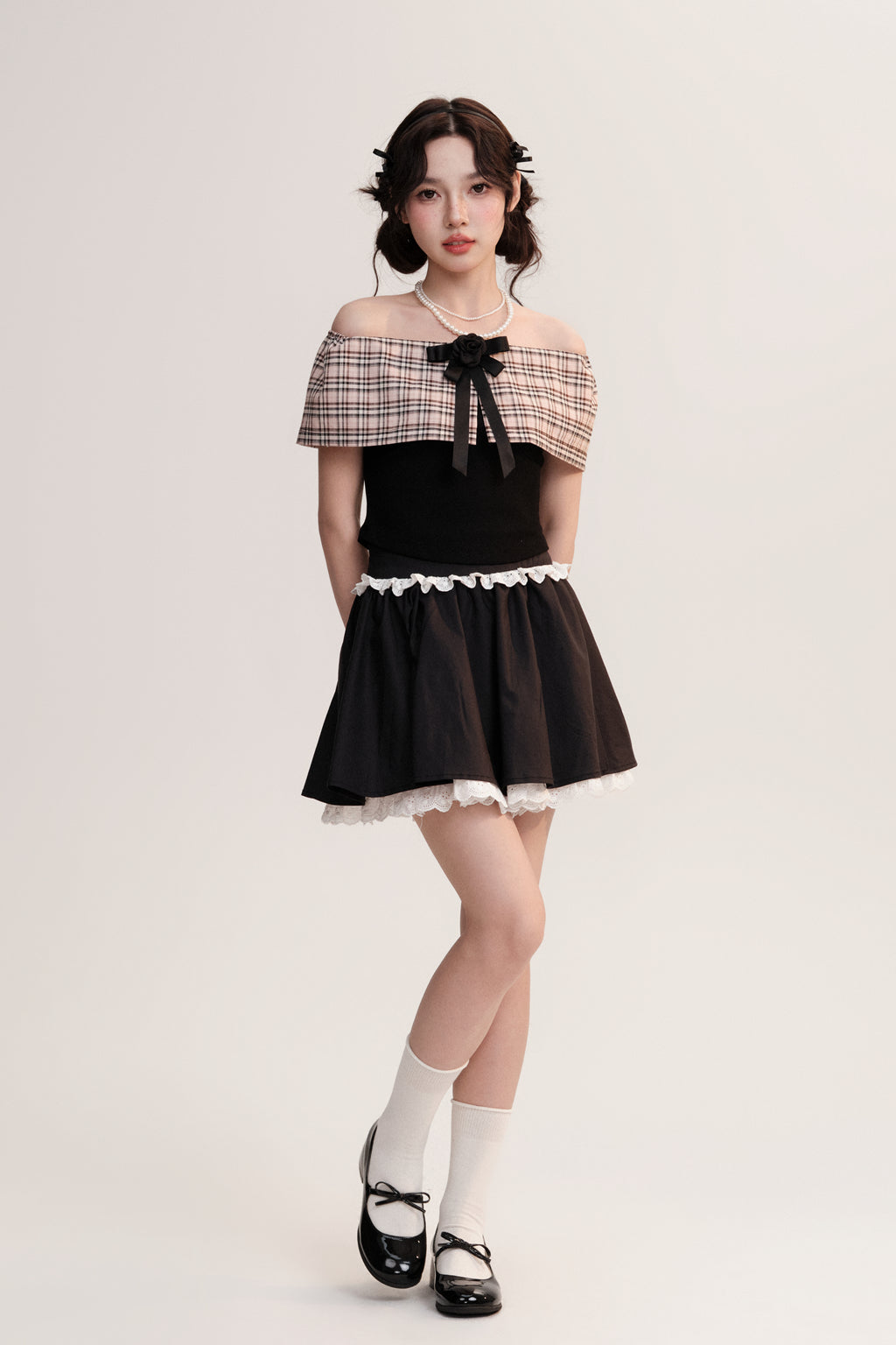 Plaid Off-Shoulder Rib Top And Frilled Zip Skirt