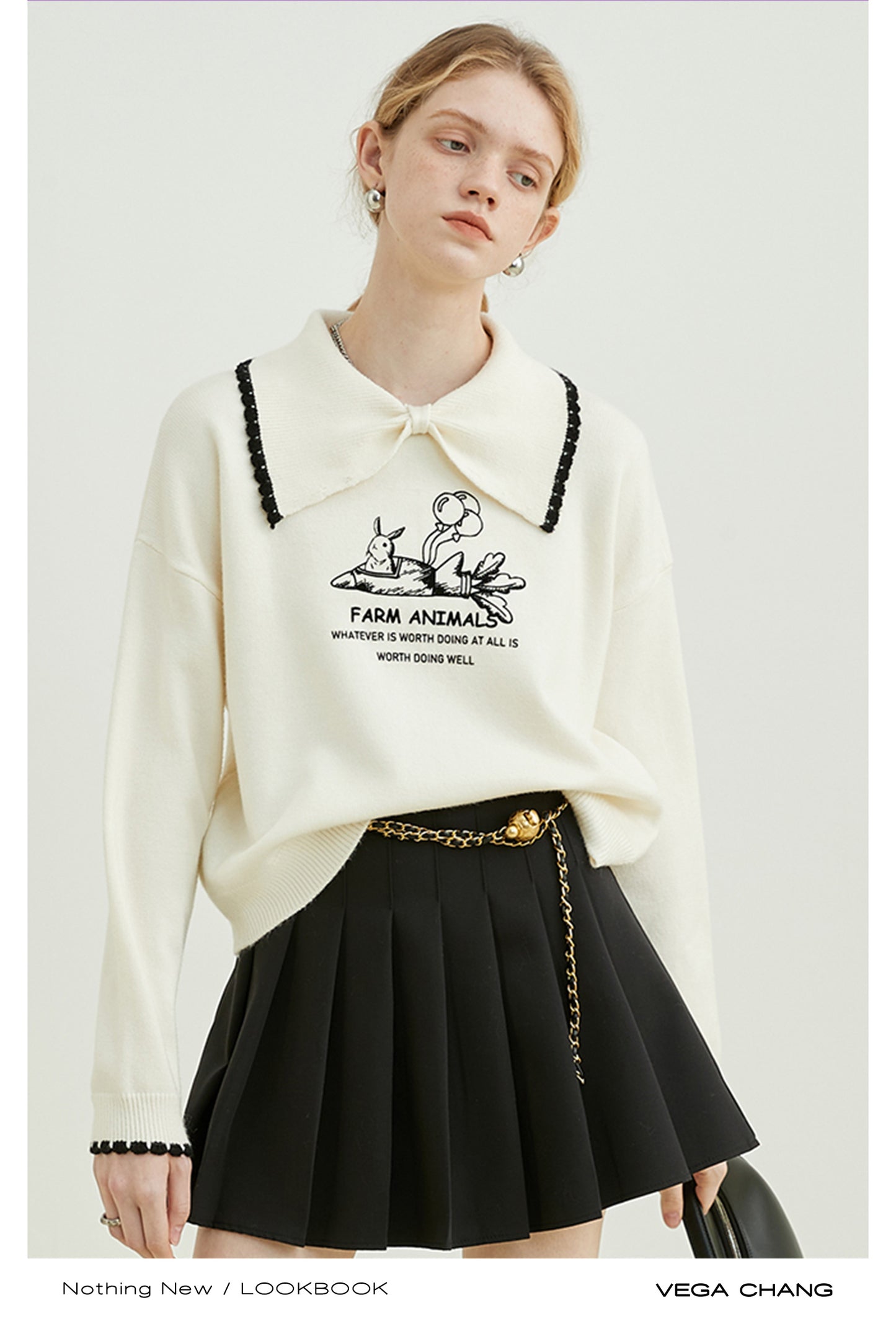 Two-Tone Rabbit Printed Bow Collar Knit Top