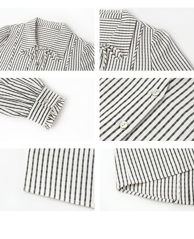 Tie Neck Frill Cuff Contrast Striped Blouse