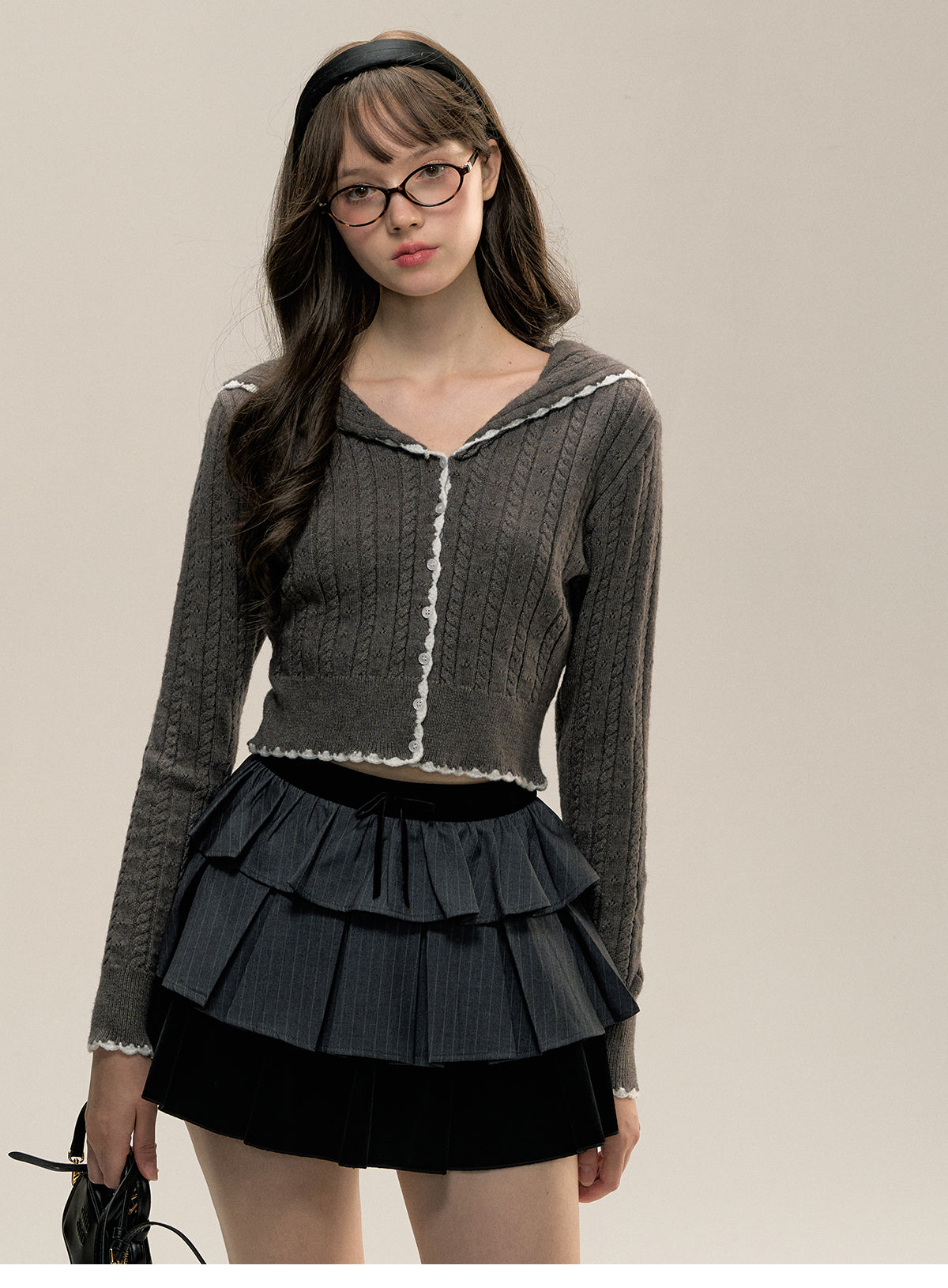 Contrast Edge Collared Pointelle Cardigan