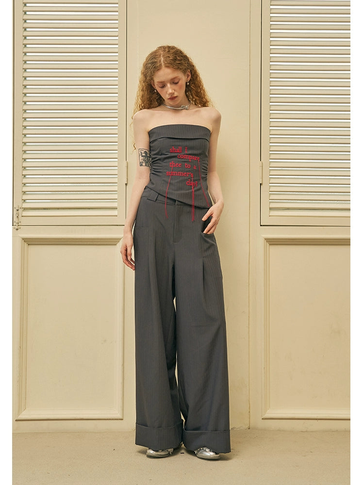 Letter Fringed Embroidery Tube Top And Turn Up Trousers