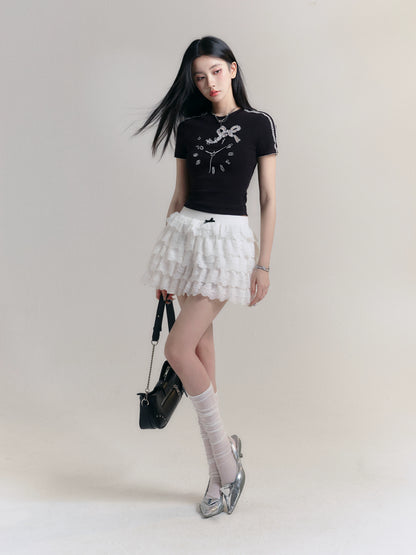 Clock Embroidered T-Shirt With Lace Trim And Bow Accents