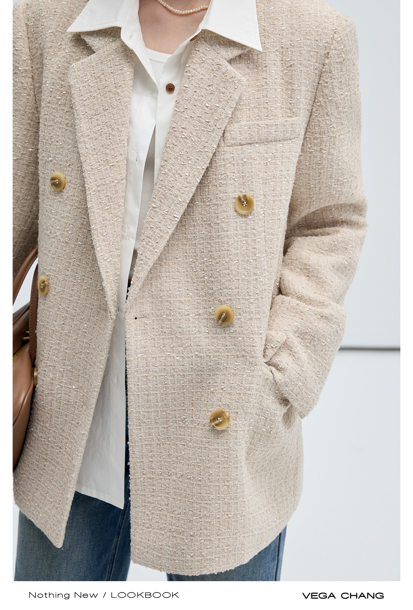 Tweed Shoulder Padded Double Breasted Jacket