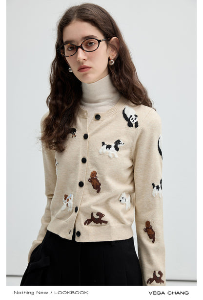 Jacquard Animal Patterned Round Neck Cardigan