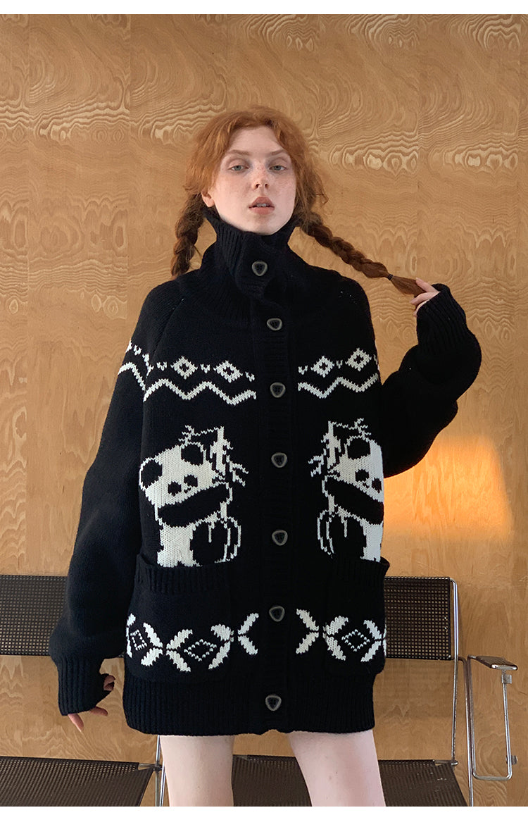 High Neck Panda Contrast Knitted Cardigan