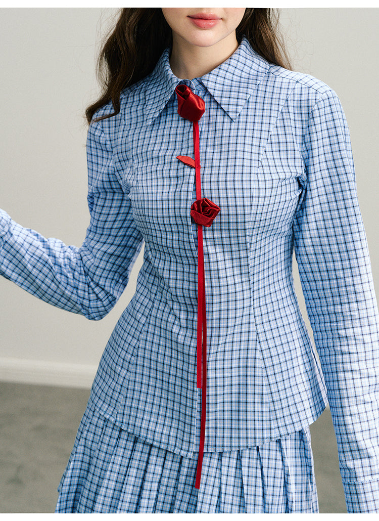 Plaid Shirt And Skirt With Detachable Rose Accent