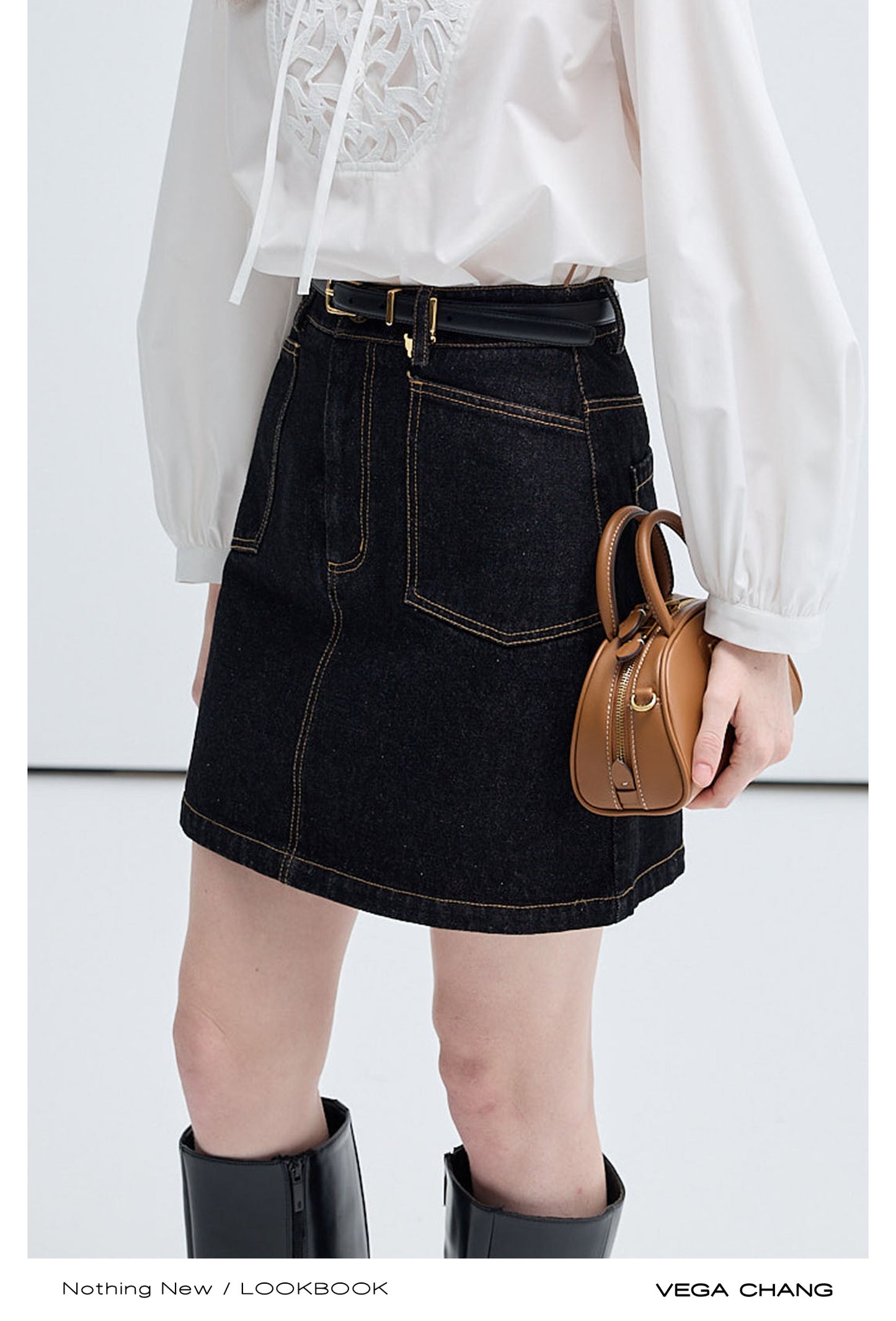 Tie Neck Blouse, High Waist A-Line Denim Skirt