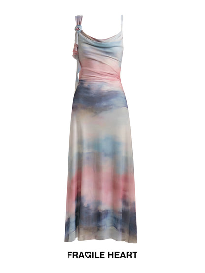 Vibrant Gradient Flower Drape Strapped Dress