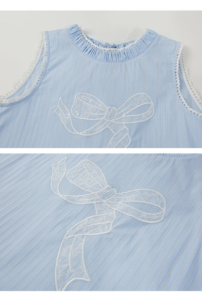 Lace Bow Embroidery Striped Sleeveless Top With Shirred Neck