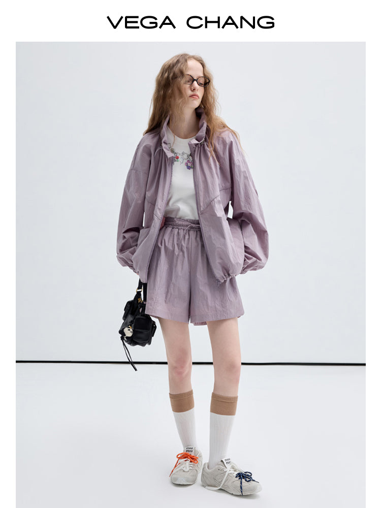 Stand-Collar Drawstring Jacket And Shorts