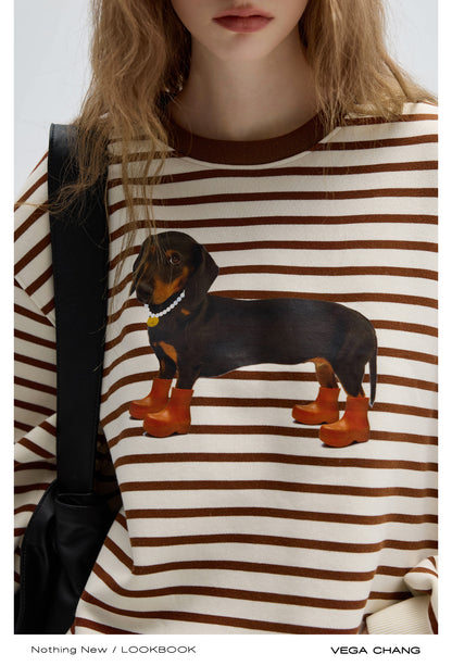 Dachshund Print Stripe Knit Sweatshirt