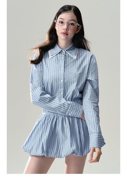 Layered Collar Glitter Striped Balloon Shirt Dress