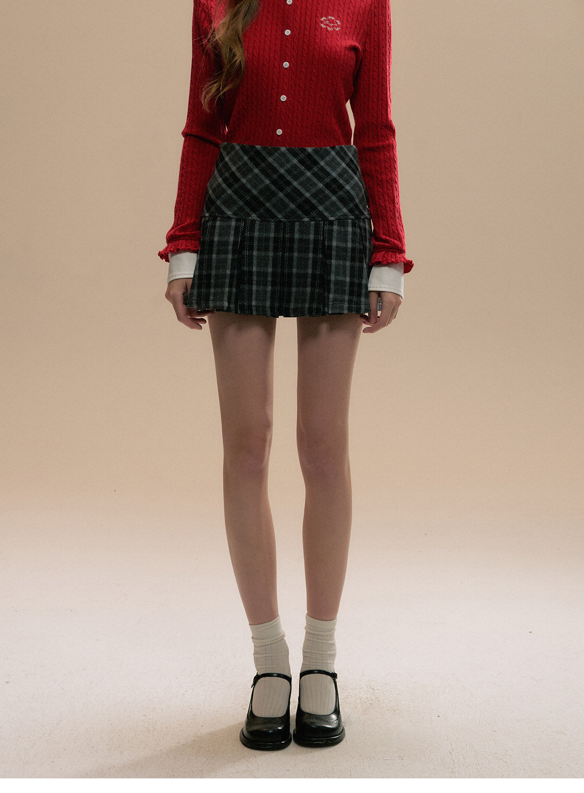 Letter Embroidered Plaid Wool-Blend Pleated Skirt