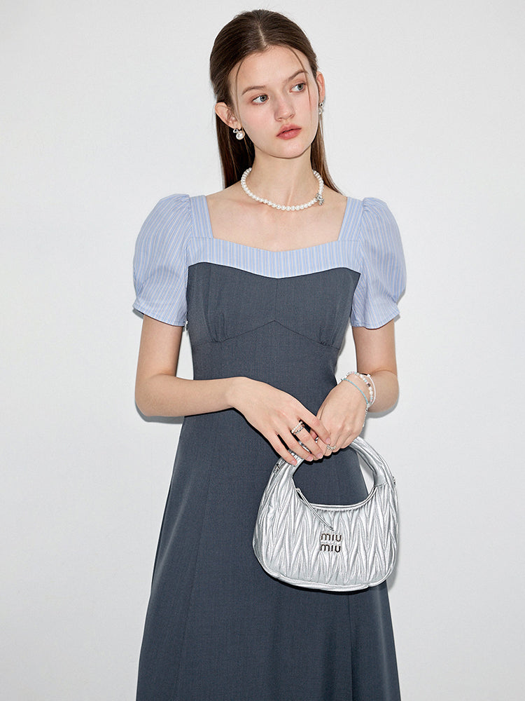 Puff Sleeve Striped Pinafore Shirt Dress