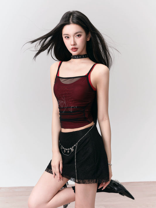 Rose Motif Layered Sheer Fitted Camisole Top