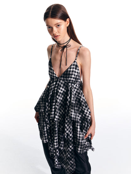 Asymmetric Gingham Check Layered Camisole Dress