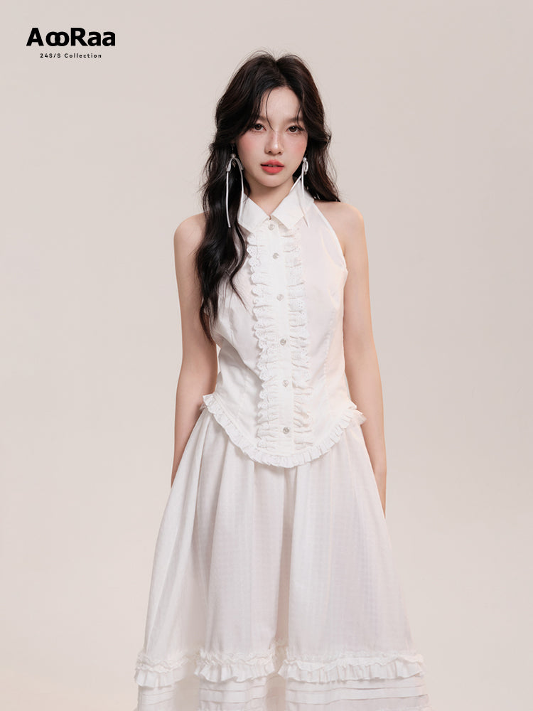 Sleeveless Frilled Lace Placket Round Hem Shirt