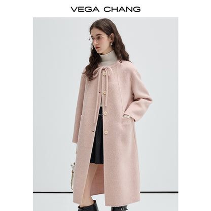 Wool-Silk Blend Collarless Tie Neck Coat